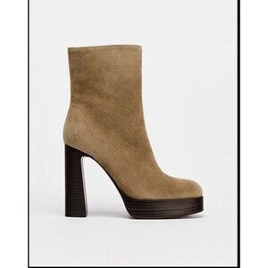 ZARA SPLIT LEATHER PLATFORM HEELED ANKLE BOOTS BROWN SUEDE SIZE 11 2109/510